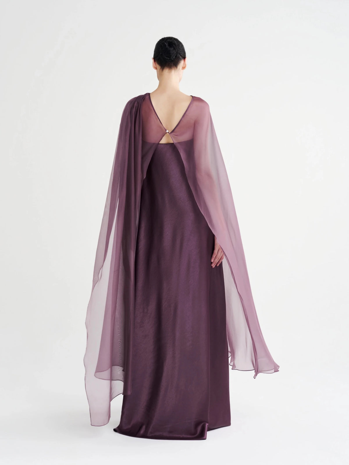 Strapless Satin Maxi Dress with Sheer Cape Overlay - COCOSIN.OFFICIAL