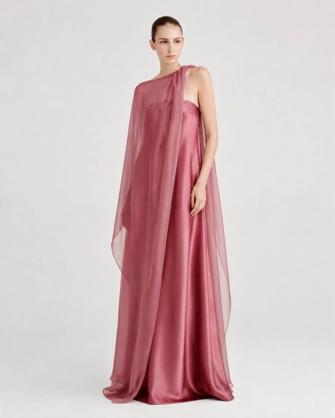 Strapless Satin Maxi Dress with Sheer Cape Overlay - COCOSIN.OFFICIAL