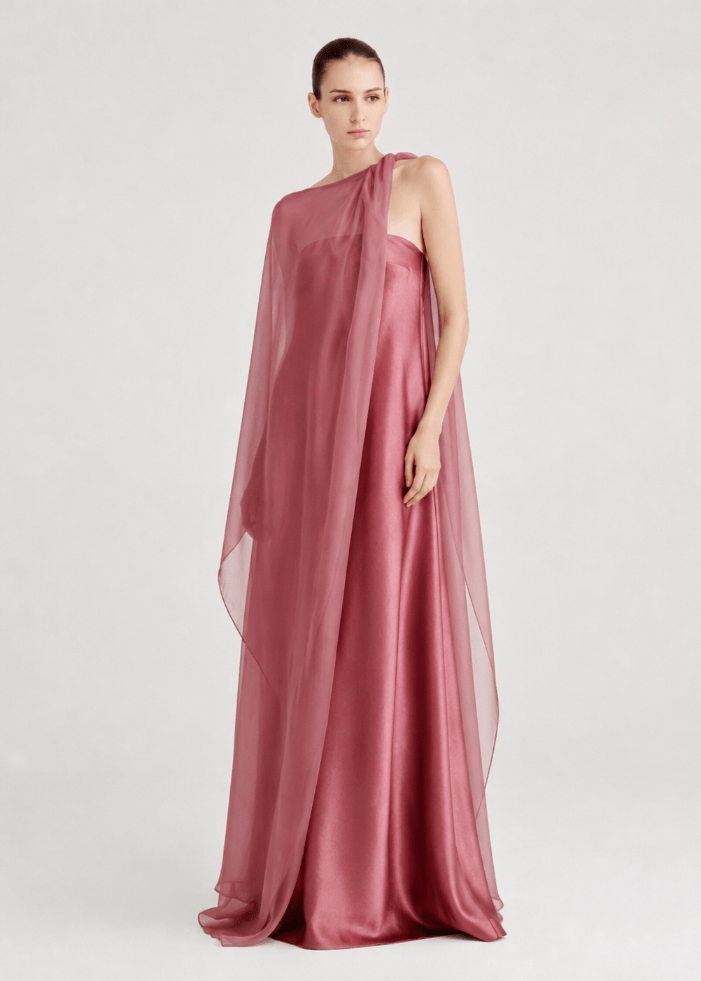 Strapless Satin Maxi Dress with Sheer Cape Overlay