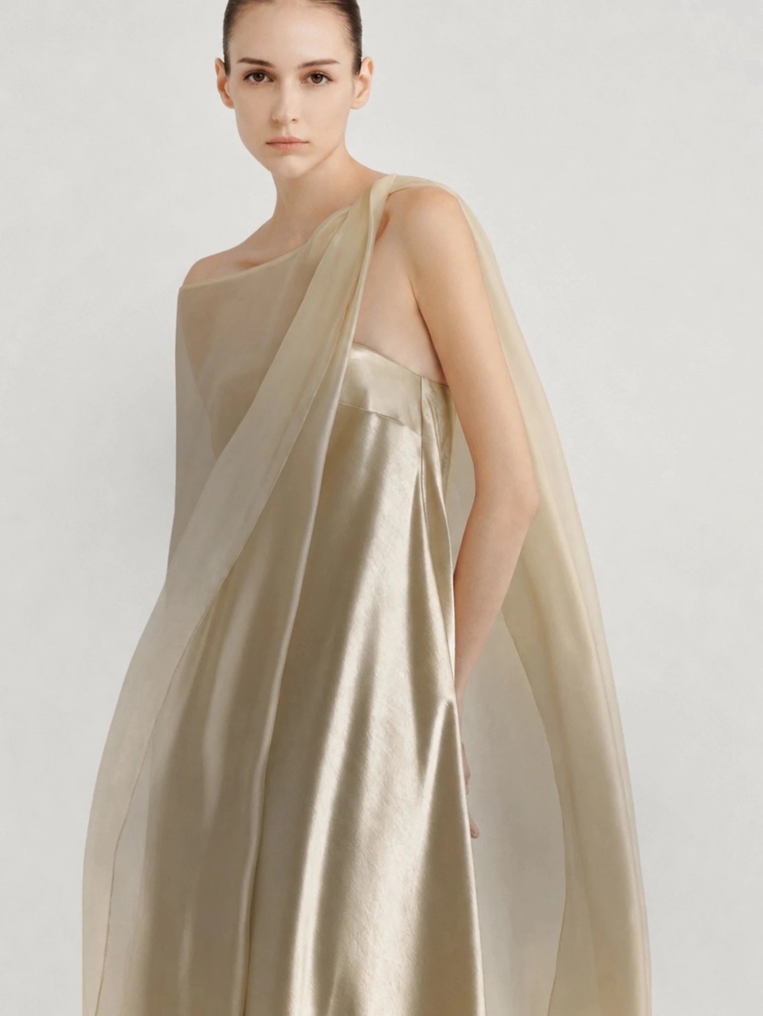 Strapless Satin Maxi Dress with Sheer Cape Overlay - COCOSIN.OFFICIAL