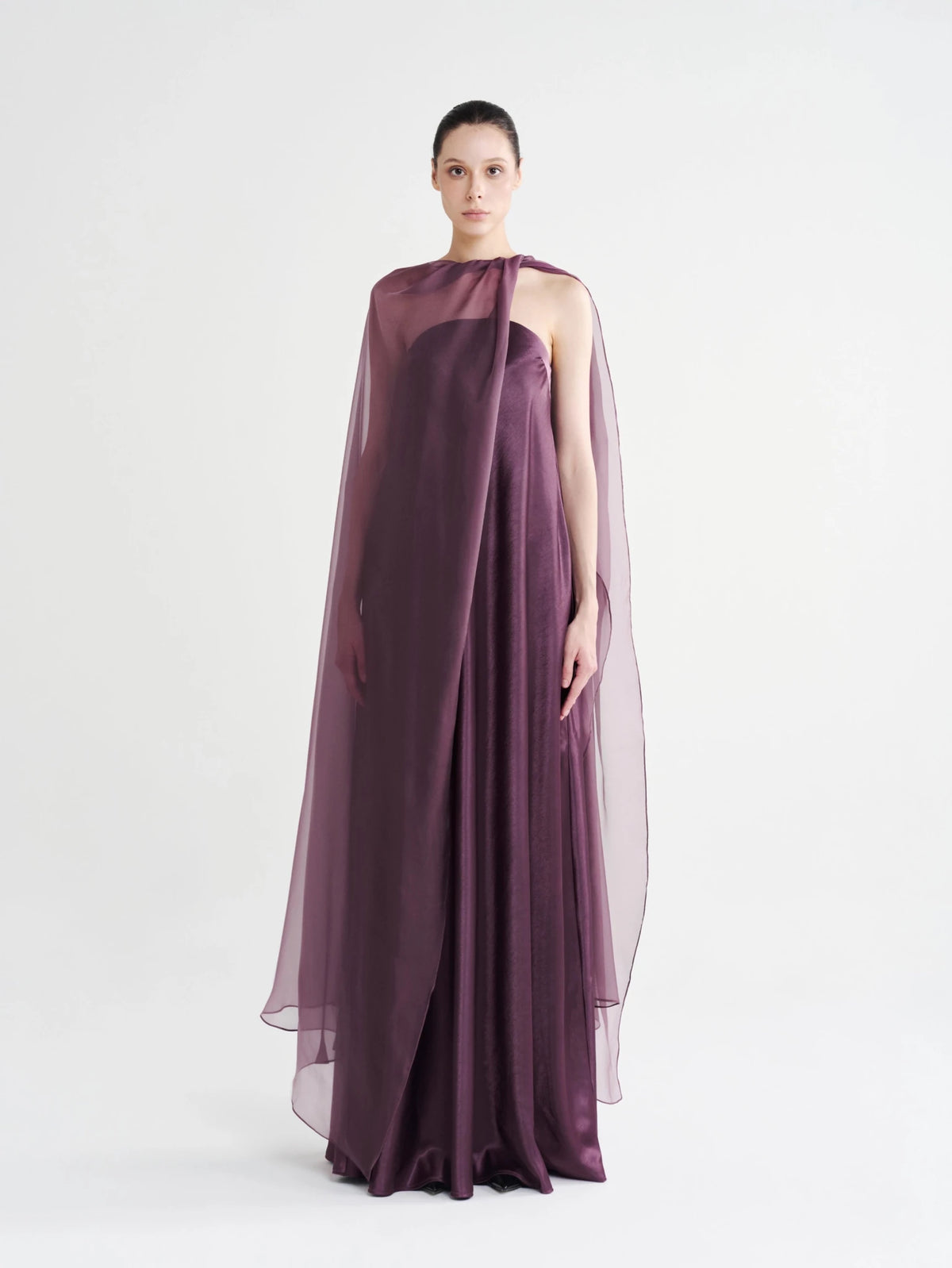 Strapless Satin Maxi Dress with Sheer Cape Overlay - COCOSIN.OFFICIAL