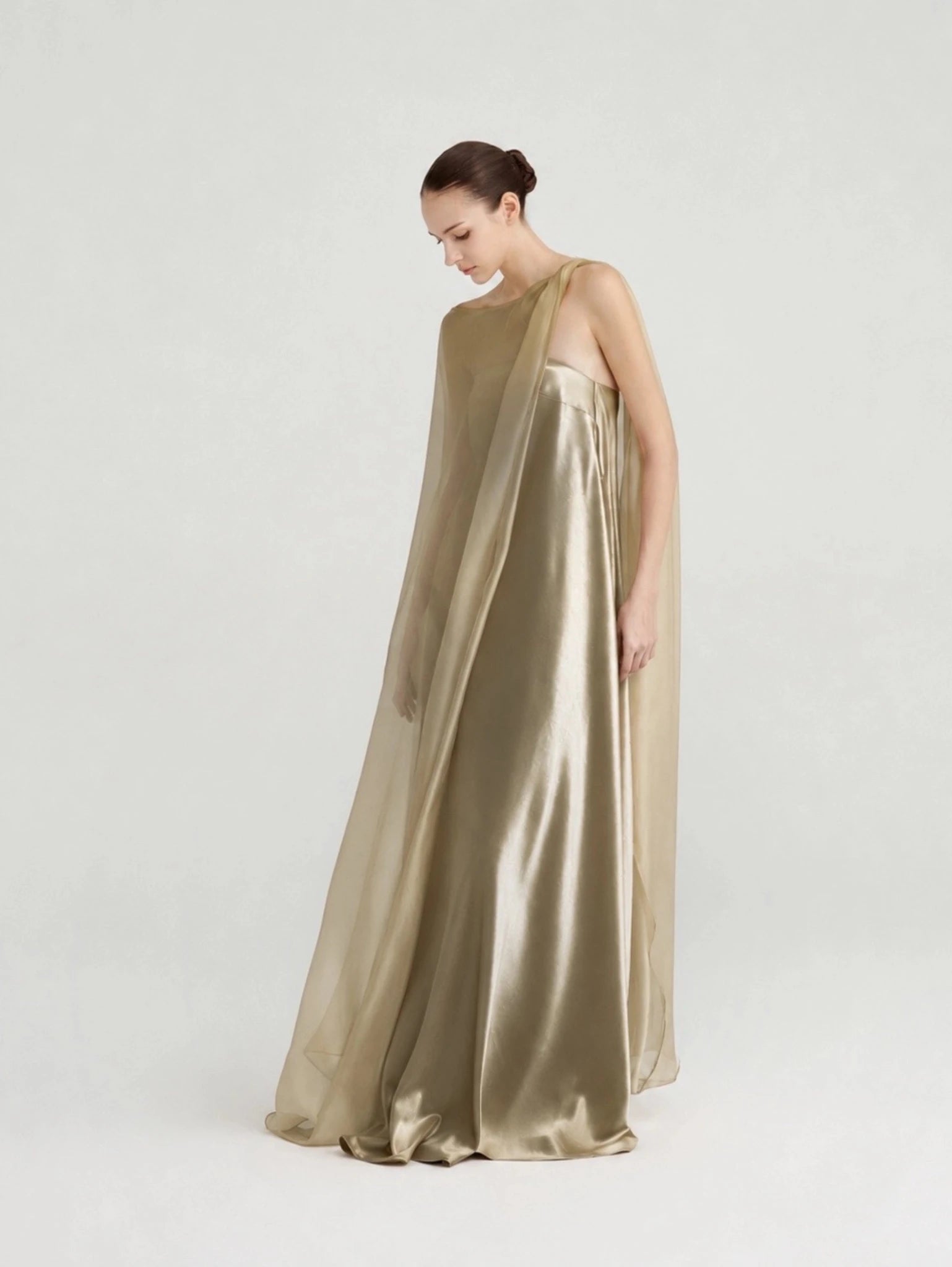 Strapless Satin Maxi Dress with Sheer Cape Overlay - COCOSIN.OFFICIAL