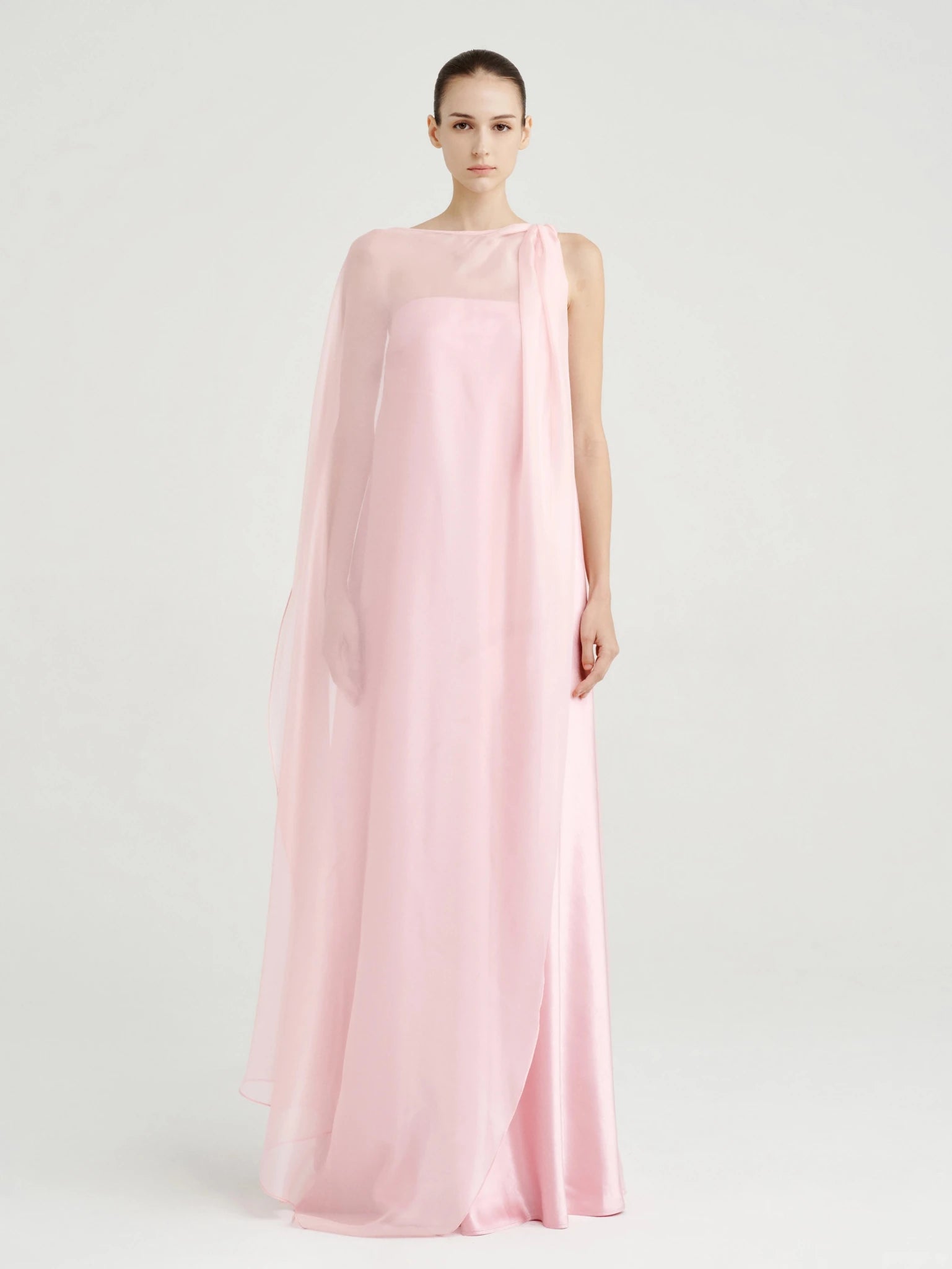 Strapless Satin Maxi Dress with Sheer Cape Overlay - COCOSIN.OFFICIAL