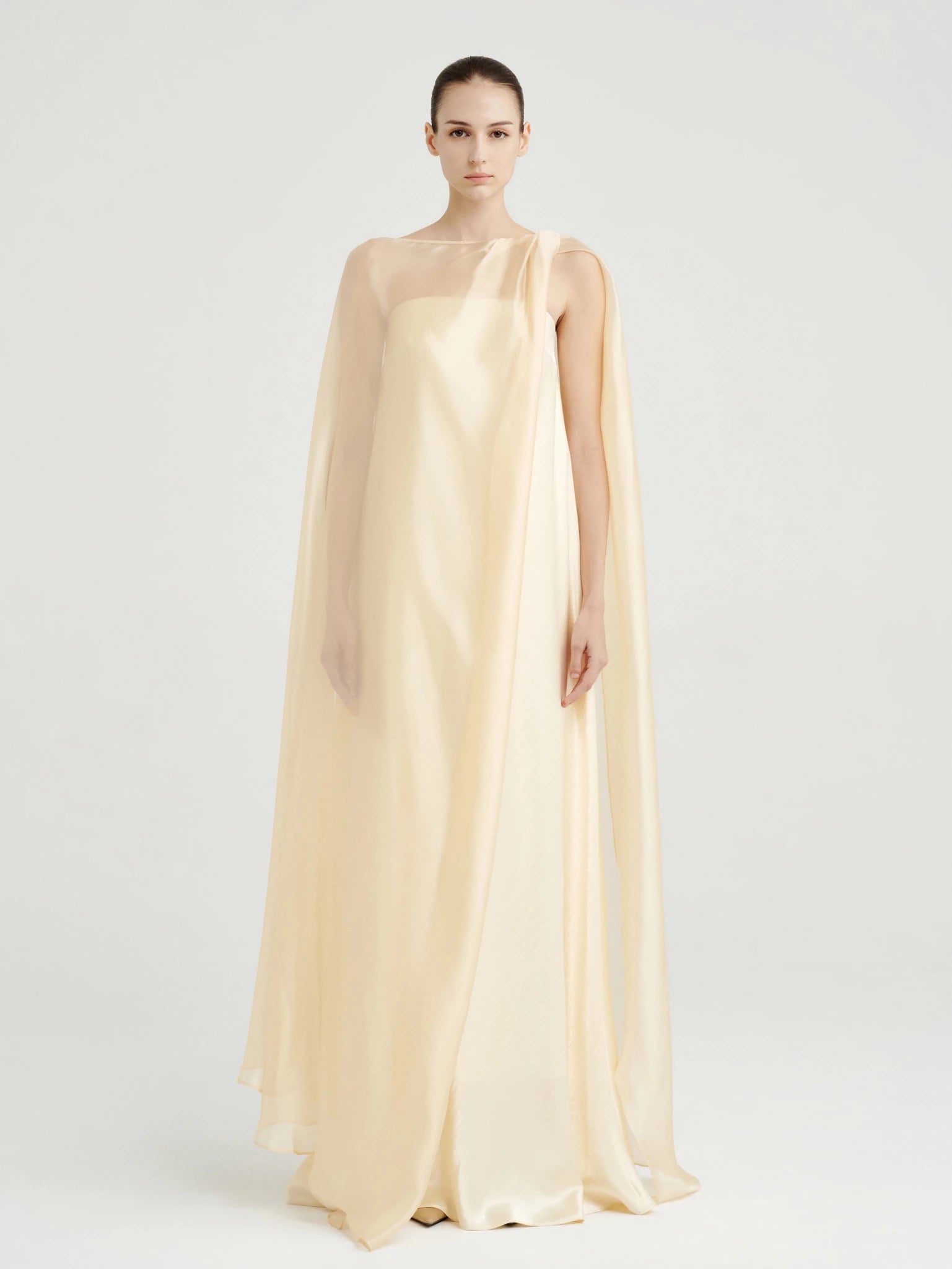Strapless Satin Maxi Dress with Sheer Cape Overlay - COCOSIN.OFFICIAL