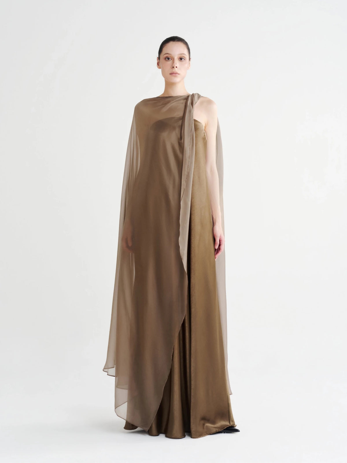 Strapless Satin Maxi Dress with Sheer Cape Overlay - COCOSIN.OFFICIAL