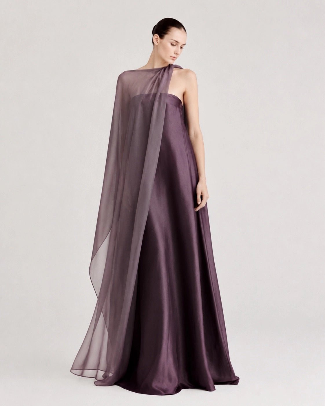 Strapless Satin Maxi Dress with Sheer Cape Overlay - COCOSIN.OFFICIAL