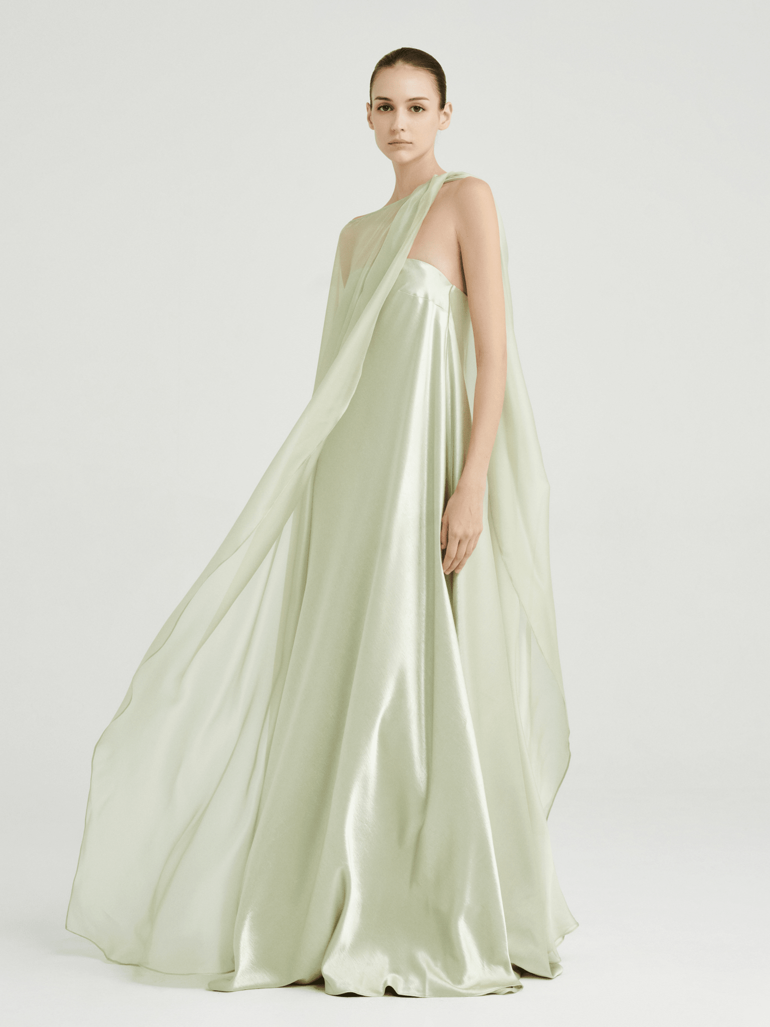 Strapless Satin Maxi Dress with Sheer Cape Overlay - COCOSIN.OFFICIAL
