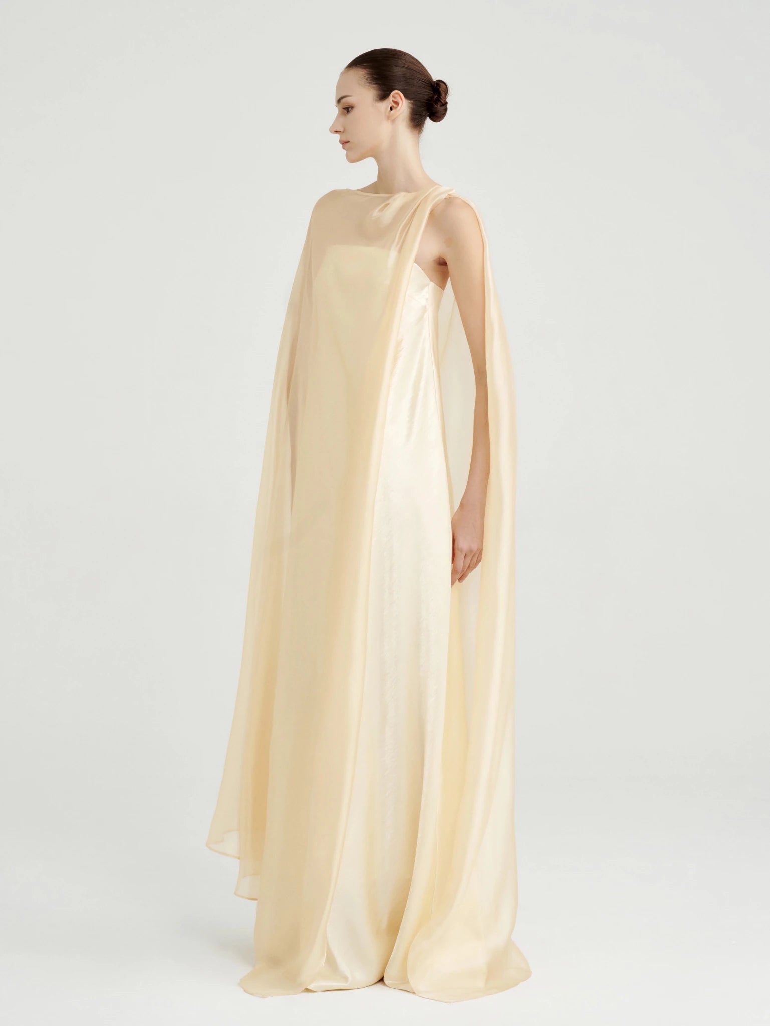 Strapless Satin Maxi Dress with Sheer Cape Overlay - COCOSIN.OFFICIAL
