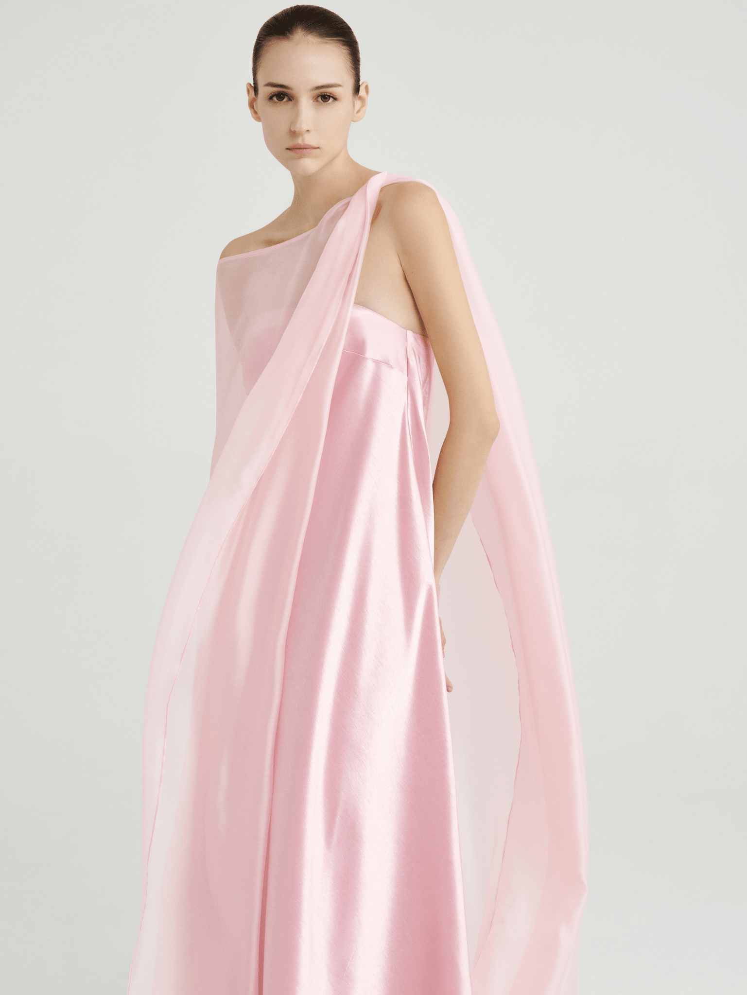 Strapless Satin Maxi Dress with Sheer Cape Overlay - COCOSIN.OFFICIAL