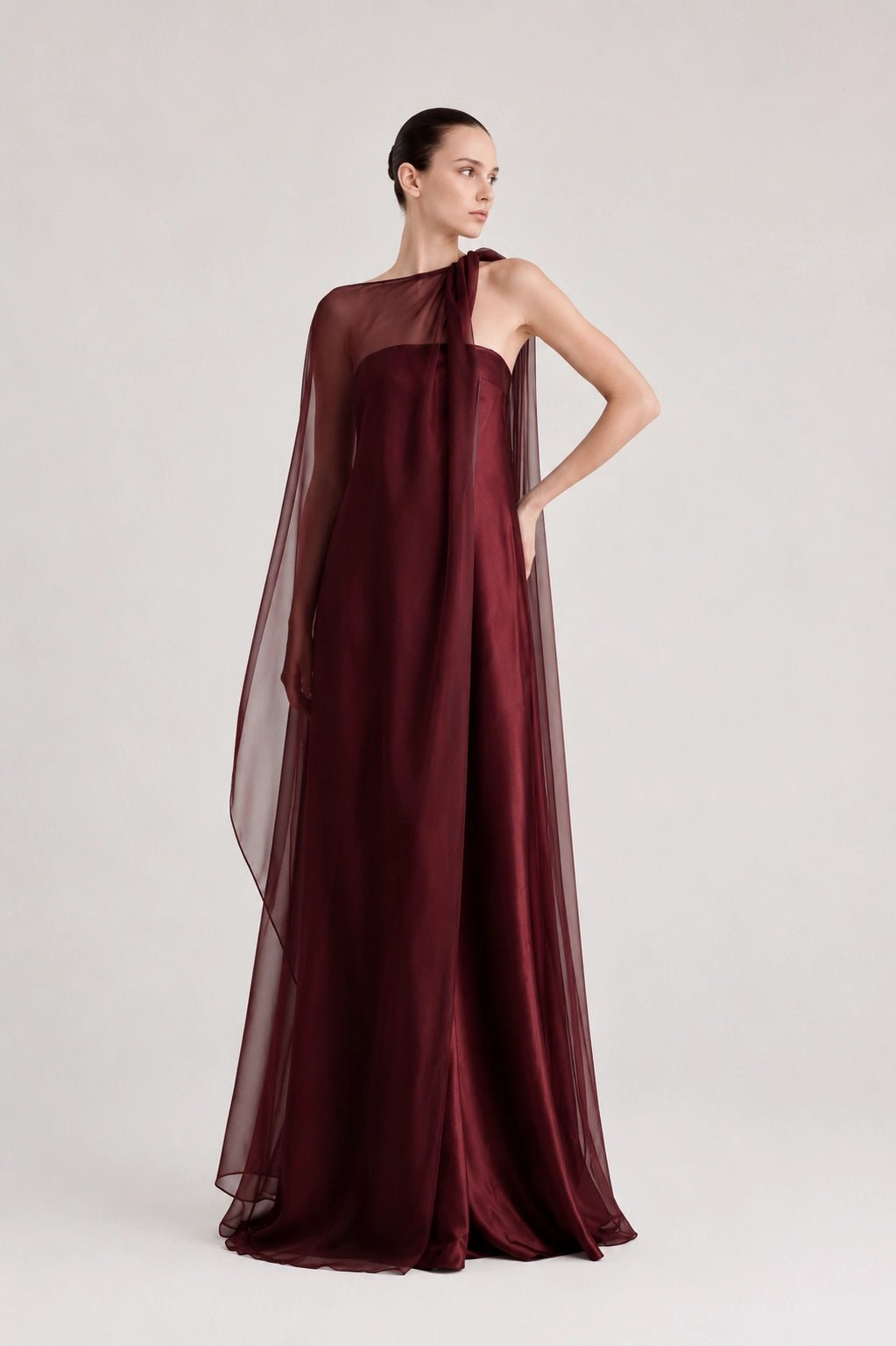 Strapless Satin Maxi Dress with Sheer Cape Overlay - COCOSIN.OFFICIAL