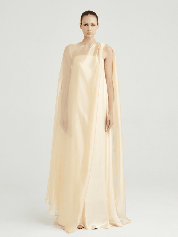 Strapless Satin Maxi Dress with Sheer Cape Overlay - COCOSIN.OFFICIAL