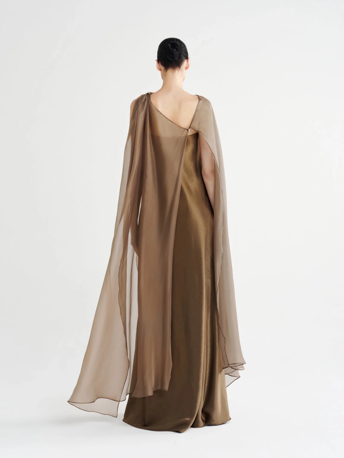 Strapless Satin Maxi Dress with Sheer Cape Overlay - COCOSIN.OFFICIAL