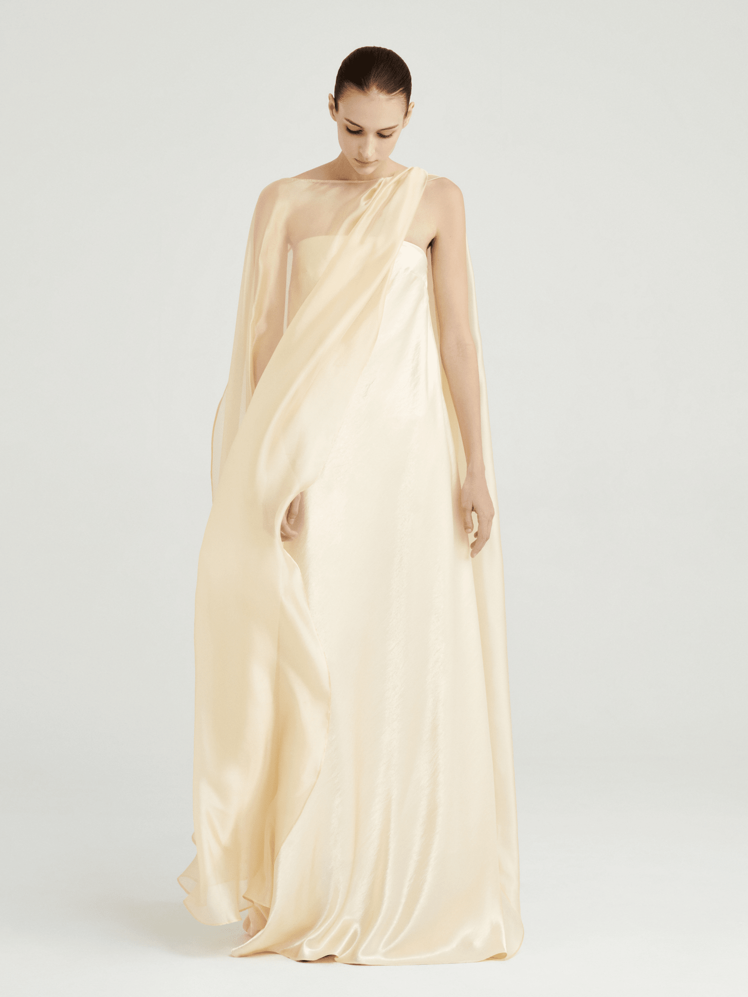 white dress with cape overlay Strapless Satin Maxi Dress with Sheer Cape Overlay – COCOSIN.OFFICIAL