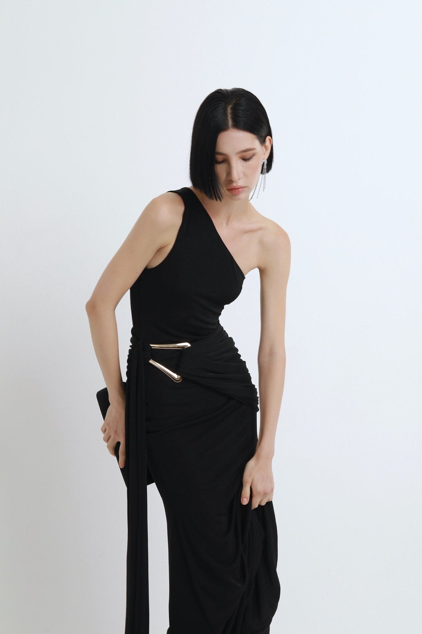 The One - Shoulder Draped Gown with Metal Accent - COCOSIN.OFFICIAL
