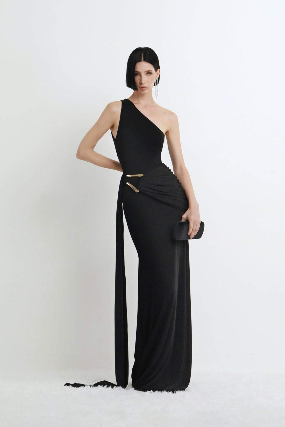 The One - Shoulder Draped Gown with Metal Accent - COCOSIN.OFFICIAL